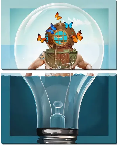 Модульная картина Водолаз в лампочке с бабочками