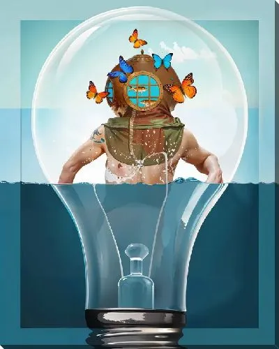 Постер Водолаз в лампочке с бабочками