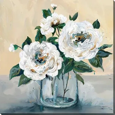 Картина маслом Букет в стеклянной вазе на бежевом фоне