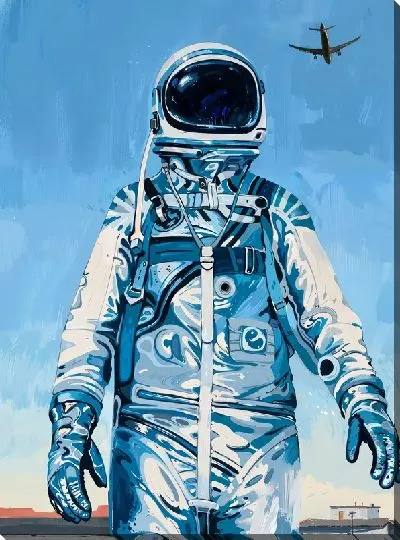 Картина маслом Космонавт на фоне пролетающего самолета