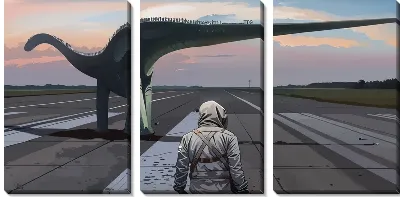 Модульная картина Динозавр и космонавт