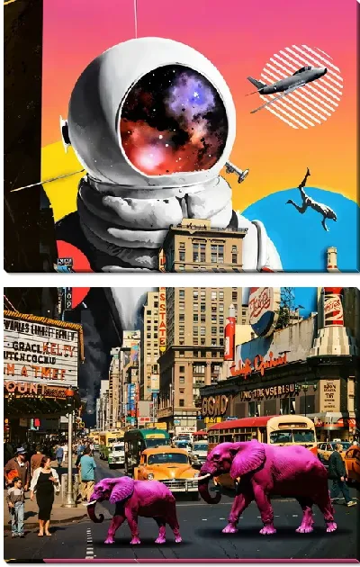 Модульная картина Коллаж с космонавтом и розовыми слонами