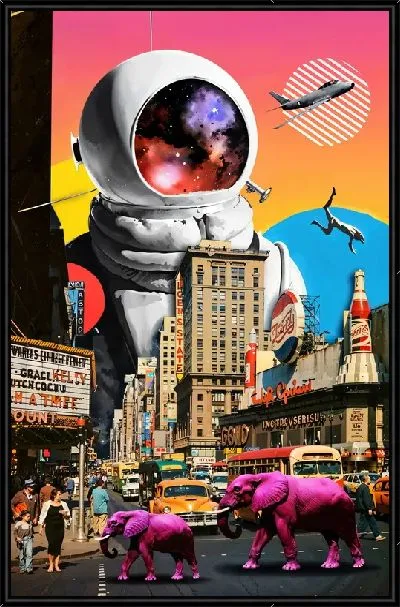 Картина Коллаж с космонавтом и розовыми слонами