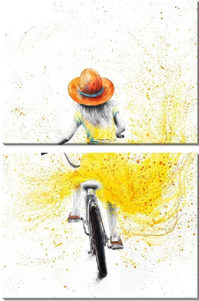 Модульная картина Девочка на велосипеде в желтом