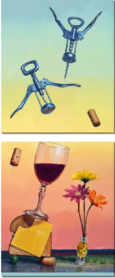 Модульная картина Сыр, штопор и вино №3