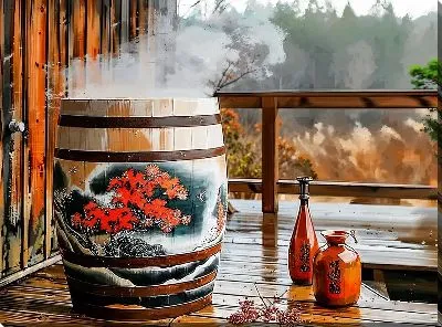 Картина маслом Банная бочка с паром