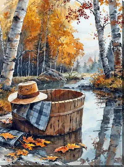 Картина маслом Бочка для бани у водоёма