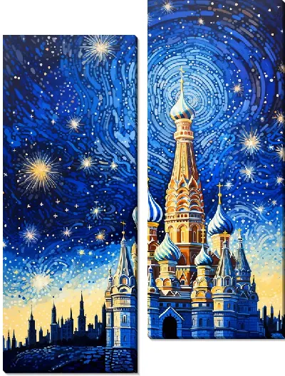 Модульная картина Храм Василия Блаженного под звездным небом