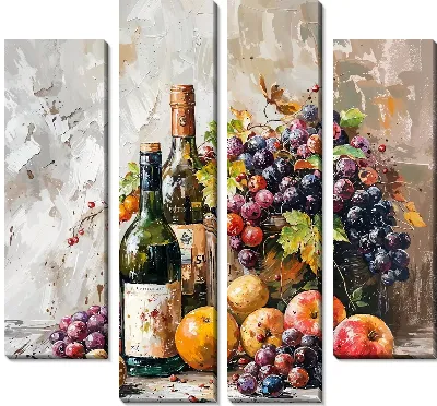 Модульная картина Натюрморт с яблоками, виноградом и вином