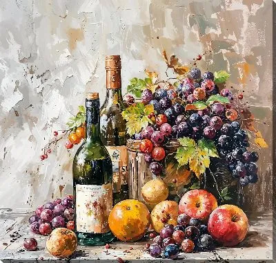 Натюрморт с яблоками, виноградом и вином