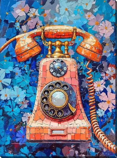 Картина маслом Винтажный телефон на цветочном фоне