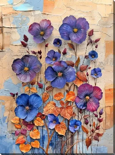Картина маслом Фиалки с осенними листьями