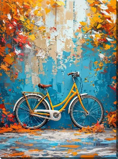 Картина маслом Желтый велосипед на фоне осенней листвы