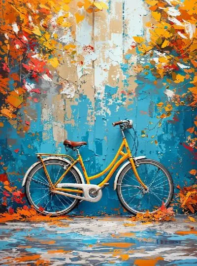 Плакат Желтый велосипед на фоне осенней листвы