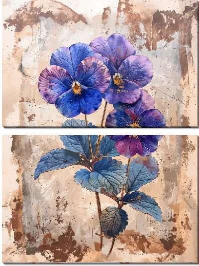 Модульная картина Три фиалки в стиле винтаж