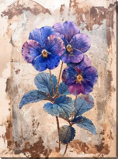 Картина маслом Три фиалки в стиле винтаж