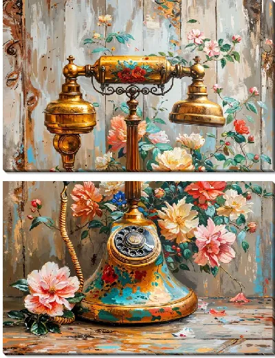 Модульная картина Винтажный телефон с цветами