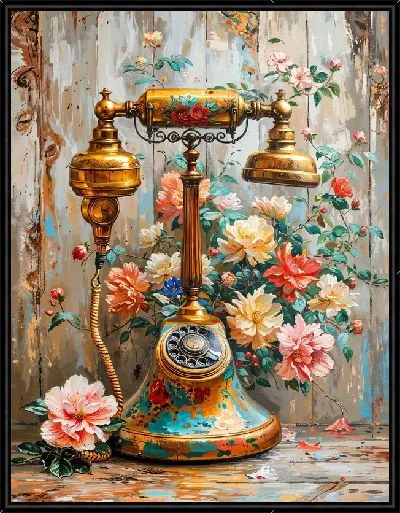 Картина Винтажный телефон с цветами