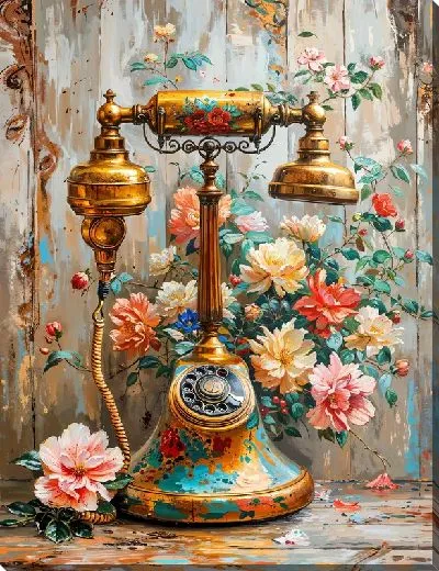 Постер Винтажный телефон с цветами