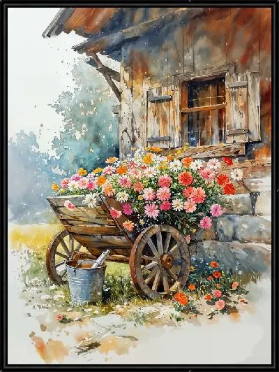 Картина Тележка с цветами у деревенского дома
