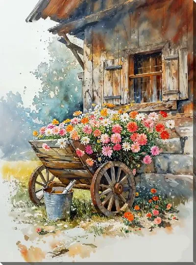 Постер Тележка с цветами у деревенского дома