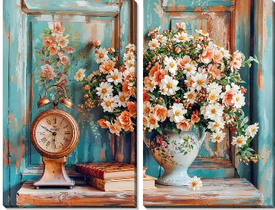 Натюрморт с букетом цветом и настольными часами