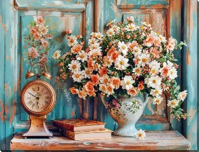 Натюрморт с букетом цветом и настольными часами