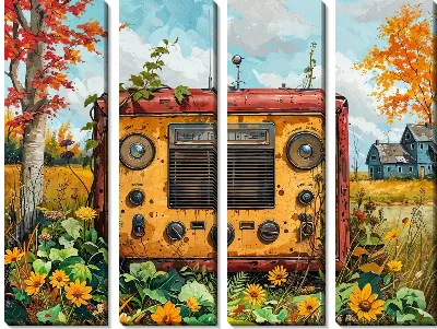 Модульная картина Старинное радио на лужайке