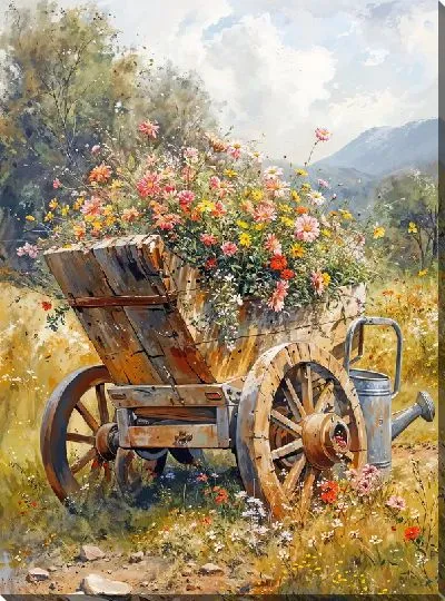 Картина маслом Тачка с цветами