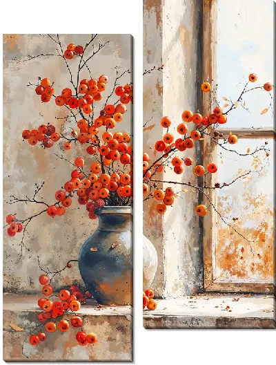 Модульная картина Ветки с ягодами на подоконнике