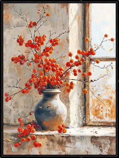 Картина Ветки с ягодами на подоконнике