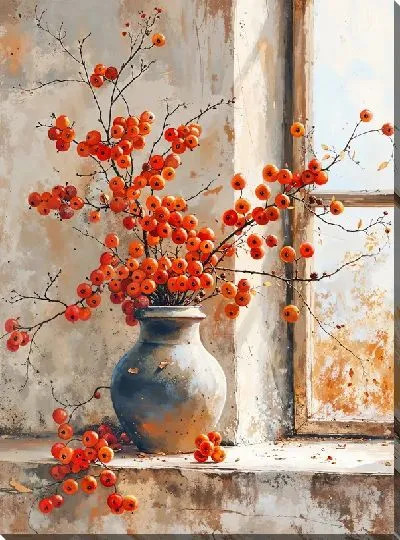 Картина маслом Ветки с ягодами на подоконнике