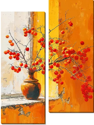 Модульная картина Желтая композиция с ягодами на подоконнике