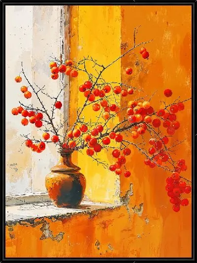 Картина Желтая композиция с ягодами на подоконнике