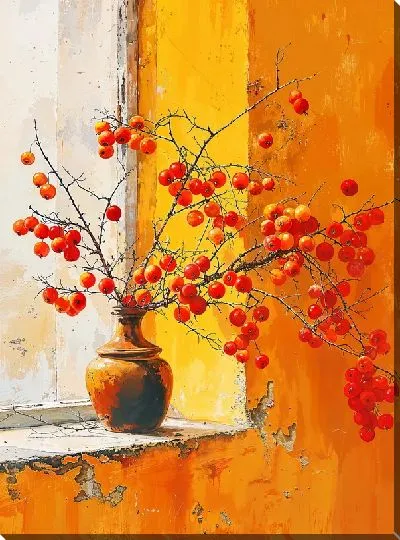 Постер Желтая композиция с ягодами на подоконнике