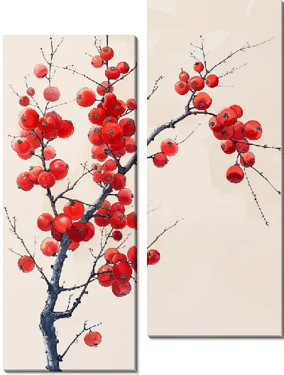 Модульная картина Красные ягоды на ветке №3