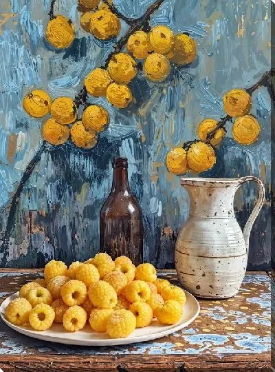 Картина маслом Желтая малина в тарелке