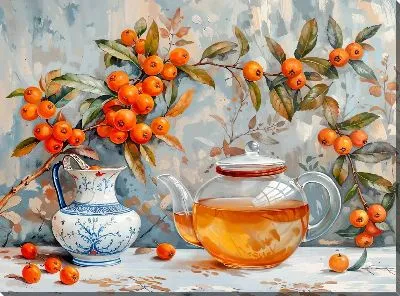 Картина маслом Чай и ветка с ягодами