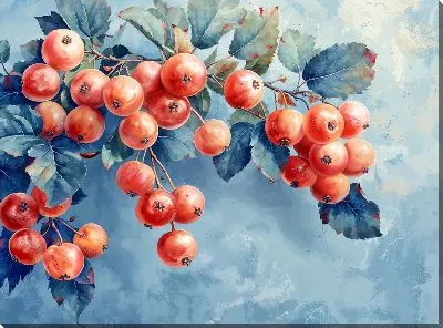 Картина маслом Ветка ягод на голубом фоне
