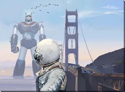 Картина маслом Космонавт и робот у моста