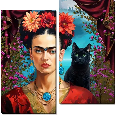 Модульная картина Фрида Кало и черный кот