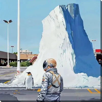 Космонавт и пингвин у айсберга