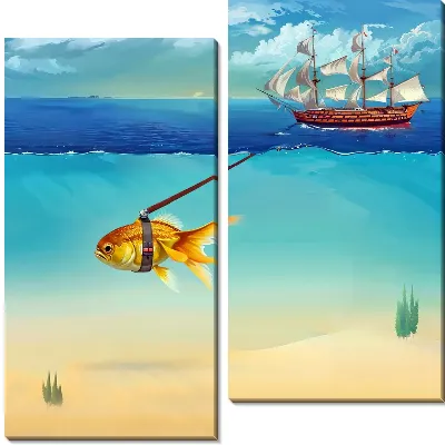 Модульная картина Золотая рыбка тащит корабль