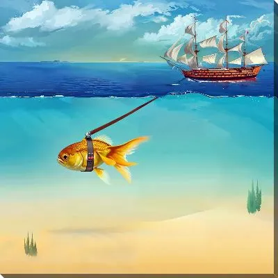 Постер Золотая рыбка тащит корабль