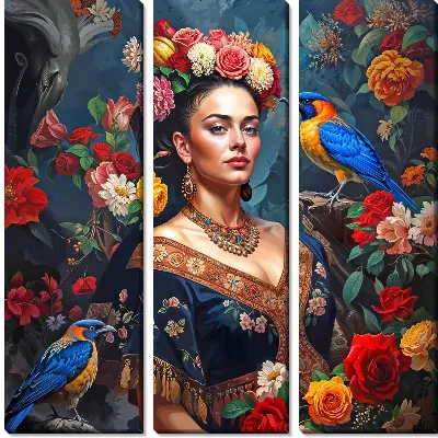 Модульная картина Фрида Кало в цветах с птицами