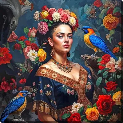 Фрида Кало в цветах с птицами