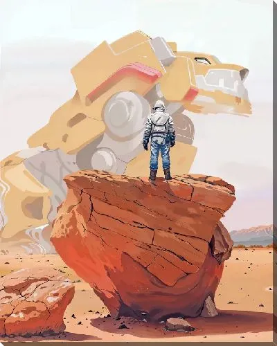 Картина маслом Космонавт на валуне и робот