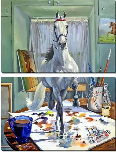 Модульная картина Белая лошадь бежит по рисункам