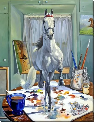 Постер Белая лошадь бежит по рисункам