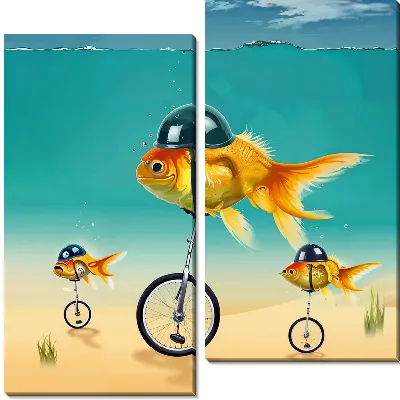 Модульная картина Золотые рыбки на велосипедах